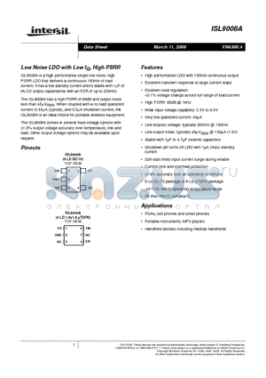 ISL9008AIEHZ-T datasheet - Low Noise LDO with Low IQ, High PSRR