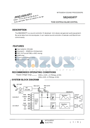 M62495 datasheet - TONE CONTROL/VOLUME CONTROL