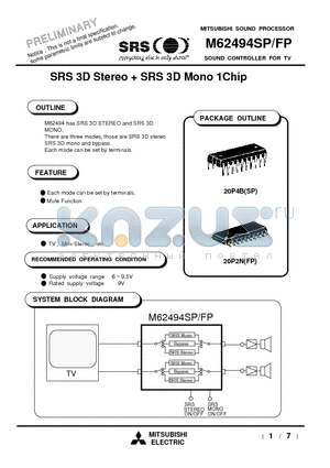 M62494SP datasheet - SRS 3D Stereo  SRS 3D Mono 1Chip