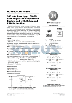 NCV8605MN28T2G datasheet - 500 mA, Low IGND, CMOS LDO Regulator with/without Enable and with Enhanced ESD Protection