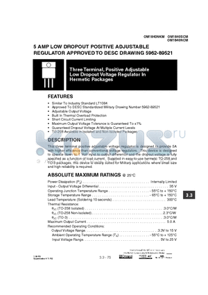 OM1840SCM datasheet - 5 AMP LOW DROPOUT POSITIVE ADJUSTABLE REGULATOR APPROVED TO DESC DRAWING 5962-89521