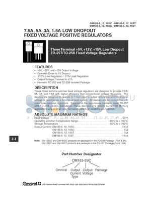 OM185-5 datasheet - 7.5A, 5A, 3A, 1.5A LOW DROPOUT FIXED VOLTAGE POSITIVE REGULATORS