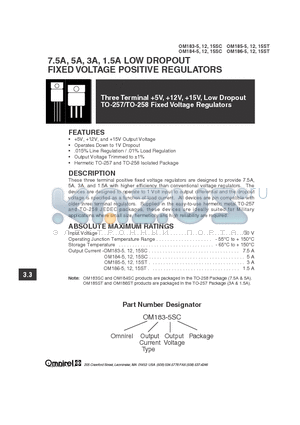 OM185-15SC datasheet - 7.5A, 5A, 3A, 1.5A LOW DROPOUT FIXED VOLTAGE POSITIVE REGULATORS