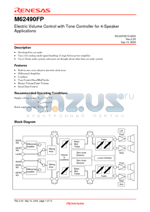 M62490FP datasheet - Electric Volume Control with Tone Controller for 4-Speaker Applications