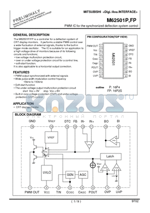 M62501FP datasheet - PWM IC for the synchronized deflection system control