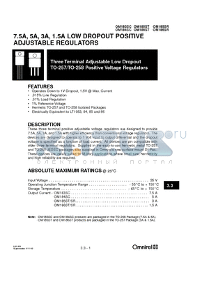 OM185ST datasheet - 7.5A, 5A, 3A, 1.5A LOW DROPOUT POSITIVE ADJUSTABLE REGULATORS