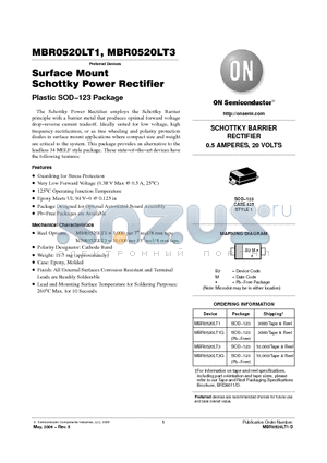 MBR0520LT3 datasheet - Surface Mount Schottky Power Rectifier Plastic SOD−123 Package