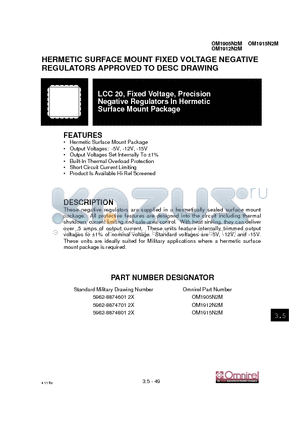 OM1905N2M datasheet - HERMETIC SURFACE MOUNT FIXED VOLTAGE NEGATIVE REGULATORS APPROVED TO DESC DRAWING