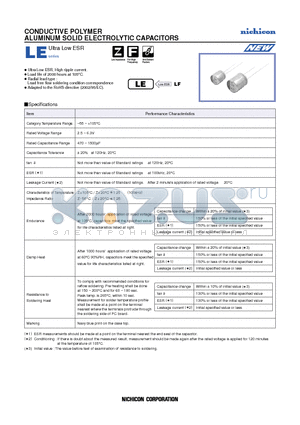 PLE0E561MCO1 datasheet - CONDUCTIVE POLYMER ALUMINUM SOLID ELECTROLYTIC CAPACITORS