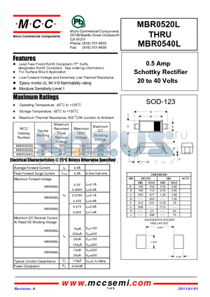 MBR0530L datasheet - 0.5 Amp Schottky Rectifier 20 to 40 Volts