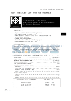 OM2990-12STM datasheet - Three Terminal, Fixed Voltage, Low Dropout Negative Voltage Regulator In Hermetic Packages