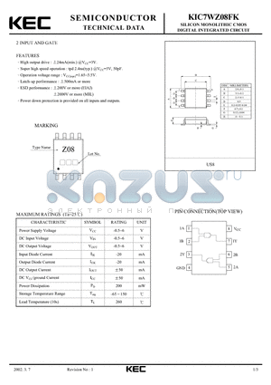 KIC7WZ08FK datasheet - SILICON MONOLITHIC CMOS DIGITAL INTEGRATED CIRCUIT(2-INPUT AND GATE)