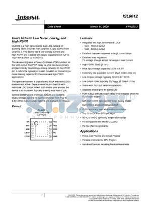 ISL9012IRFDZ datasheet - Dual LDO with Low Noise, Low IQ, and High PSRR