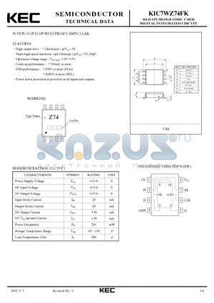 KIC7WZ74FK datasheet - SILICON MONOLITHIC CMOS DIGITAL INTEGRATED CIRCUIT(D-TYPE FLIP FLOP WITH PRESET AND CLEAR)