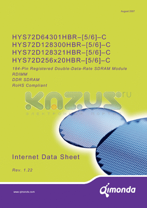 HYS72D64301HBR-6-C datasheet - 184-Pin Registered Double-Data-Rate SDRAM Module