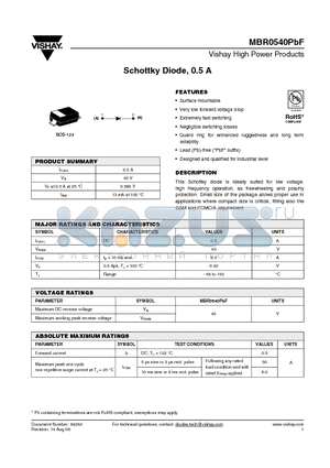MBR0540PBF datasheet - Schottky Diode, 0.5 A