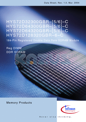 HYS72D64320GBR-6-C datasheet - 184-Pin Registered Double Data Rate SDRAM Module