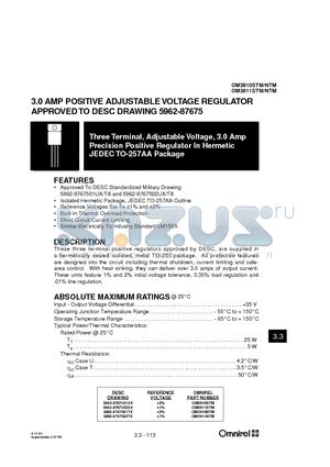 OM3911STM datasheet - 3.0 AMP POSITIVE ADJUSTABLE VOLTAGE REGULATOR APPROVED TO DESC DRAWING 5962-87675