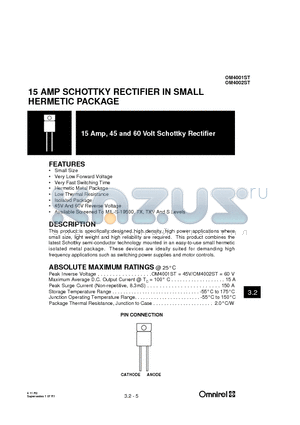 OM4002ST datasheet - 15 AMP SCHOTTKY RECTIFIER IN SMALL HERMETIC PACKAGE