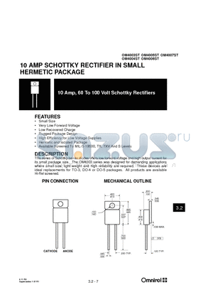 OM4003 datasheet - 10 AMP SCHOTTKY RECTIFIER IN SMALL HERMETIC PACKAGE