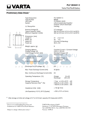 PLF263441C datasheet - Varta PoLiFlex^ Battery