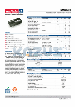 KII_NM485D datasheet - Isolated Dual EIA-485 Driver and Receiver