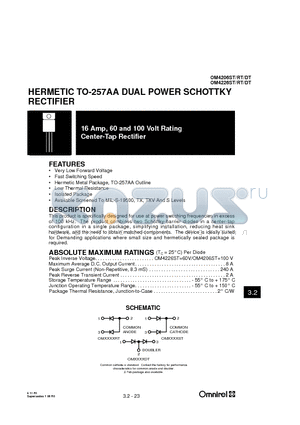 OM4206RT datasheet - HERMETIC TO-257AA DUAL POWER SCHOTTKY RECTIFIER