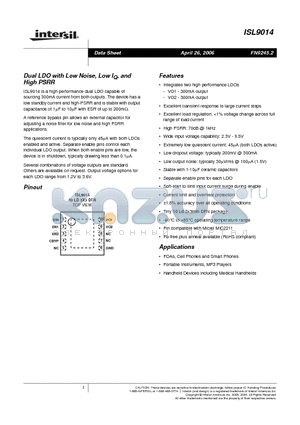 ISL9014IRBBZ datasheet - Dual LDO with Low Noise, Low IQ, and High PSRR