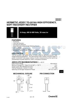 OM5008ST datasheet - HERMETIC JEDEC TO-257AA HIGH EFFICIENCY, SOFT RECOVERY RECTIFIER