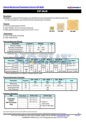 KIP-M3M-1 datasheet - Optical Monitoring Photodiode Chip for KIP-MxM