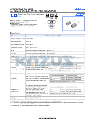 PLG1C331MCO1 datasheet - CONDUCTIVE POLYMER ALUMINUM SOLID ELECTROLYTIC CAPACITORS