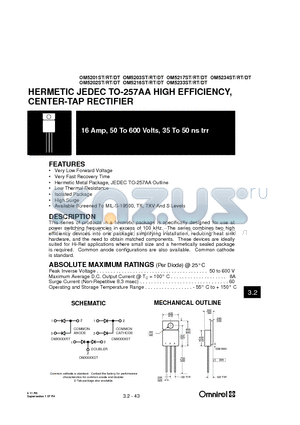 OM5202RT datasheet - HERMETIC JEDEC TO-257AA HIGH EFFICIENCY, CENTER-TAP RECTIFIER