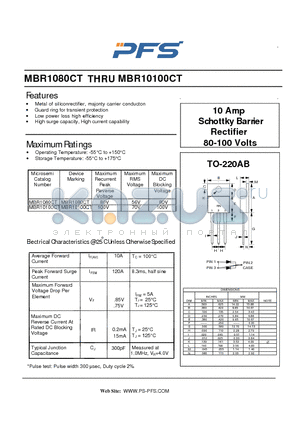 MBR10100CT datasheet - 10 Amp Schottky Barrier Rectifier 80-100 Volts