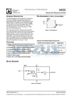 M635 datasheet - DIELECTRIC RESONATOR VCO