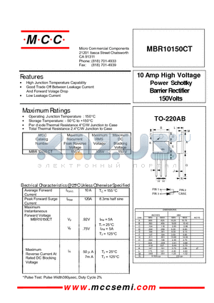 MBR10150 datasheet - 10 Amp High Voltage 150Volts Barrier Rectifier Power Schottky