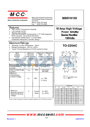 MBR10150 datasheet - 10 Amp High Voltage Power Schottky Barrier Rectifier 150Volts