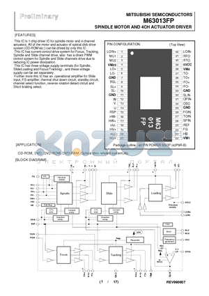 M63013 datasheet - SPINDLE MOTOR AND 4CH ACTUATOR DRIVER