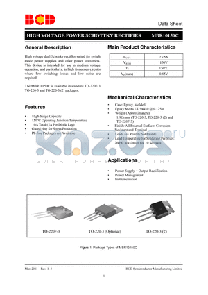 MBR10150CT-G1 datasheet - HIGH VOLTAGE POWER SCHOTTKY RECTIFIER