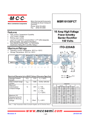 MBR10150FCT datasheet - 10 Amp HighVoltage Power Schottky Barrier Rectifier 150 Volts