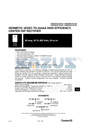 OM5257SA datasheet - HERMETIC JEDEC TO-254AA HIGH EFFICIENCY, CENTER-TAP RECTIFIER