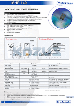 MHP1400R100F datasheet - 140W TO-247 HIGH POWER RESISTORS