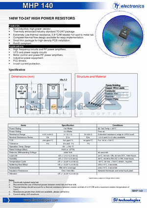 MHP1400R100J datasheet - 140W TO-247 HIGH POWER RESISTORS