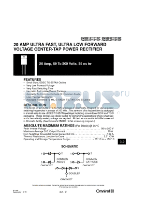 OM5302DT datasheet - 20 AMP ULTRA FAST, ULTRA LOW FORWARD VOLTAGE CENTER-TAP POWER RECTIFIER