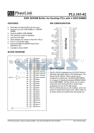 PLL103-02 datasheet - DDR SDRAM Buffer for Desktop PCs with 4 DDR DIMMS