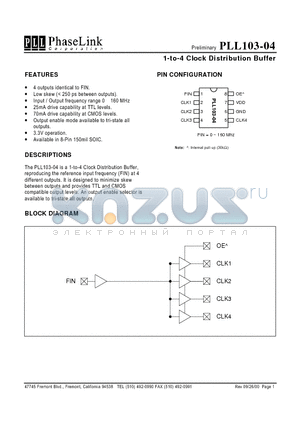 PLL103-04 datasheet - 1-to-4 Clock Distribution Buffer