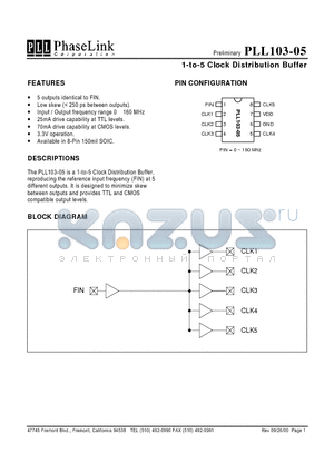 PLL103-05 datasheet - 1-to-5 Clock Distribution Buffer