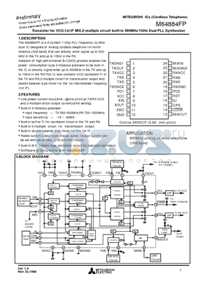 M64884FP datasheet - Transistor for VCO,1st IF MIX,2-multiple circuit built-in 500MHz/1GHz Dual PLL Synthesizer