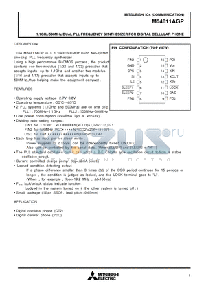 M64811AGP datasheet - 1.1GHz/500MHz DUAL PLL FREQUENCY SYNTHESIZER FOR DIGITAL CELLULAR PHONE