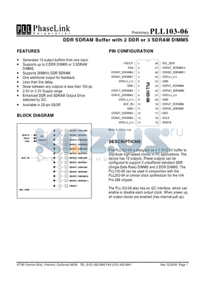 PLL103-06 datasheet - DDR SDRAM Buffer with 2 DDR or 3 SDRAM DIMMS
