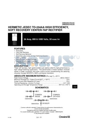 OM5324RA datasheet - HERMETIC JEDEC TO-254AA HIGH EFFICIENCY, SOFT RECOVERY CENTER-TAP RECTIFIER